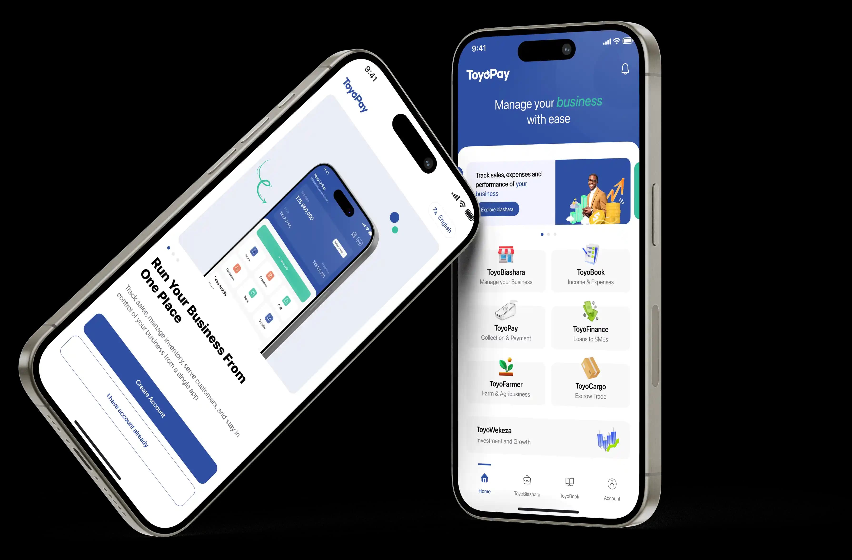 ToyoPay and ToyoBiashara open on two phones