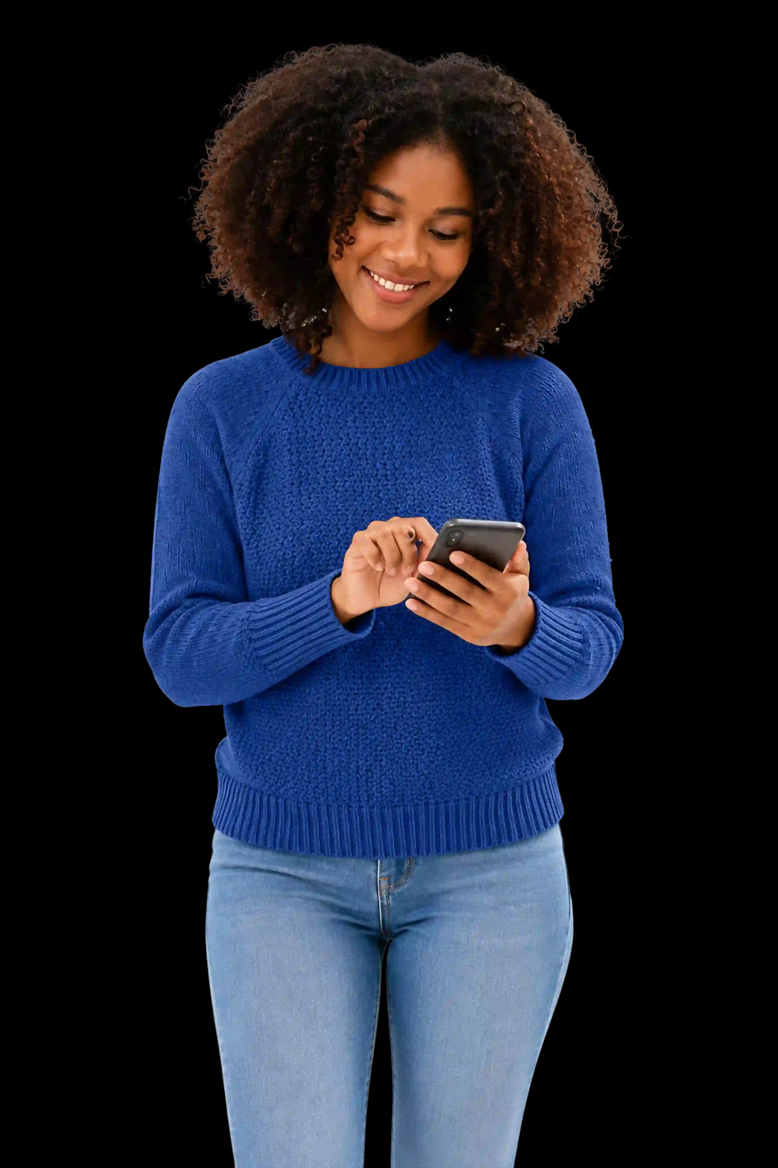 A woman smiling at the ToyoPay app on her phone