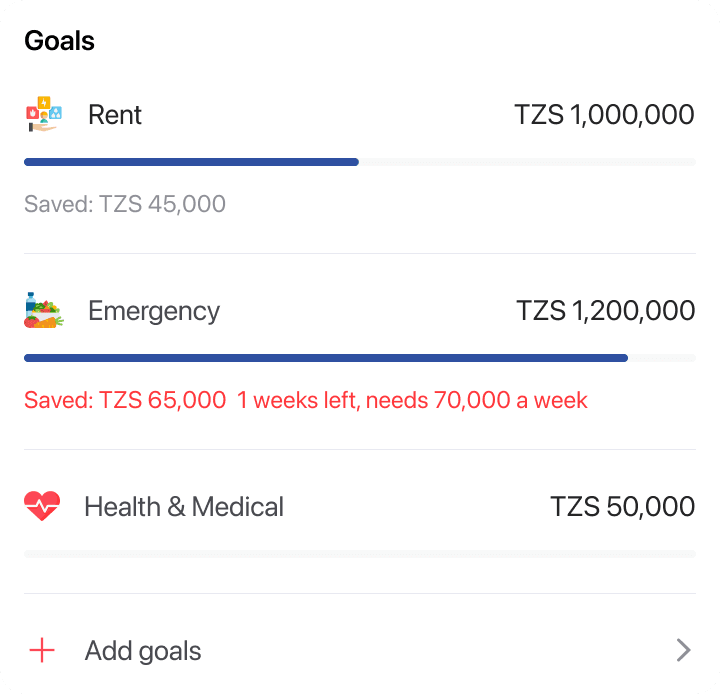 Saving goals for rent, an emergency fund and health
