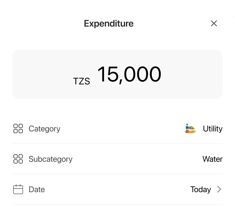 Recording an expenditure of TZS 15,000 under Utility